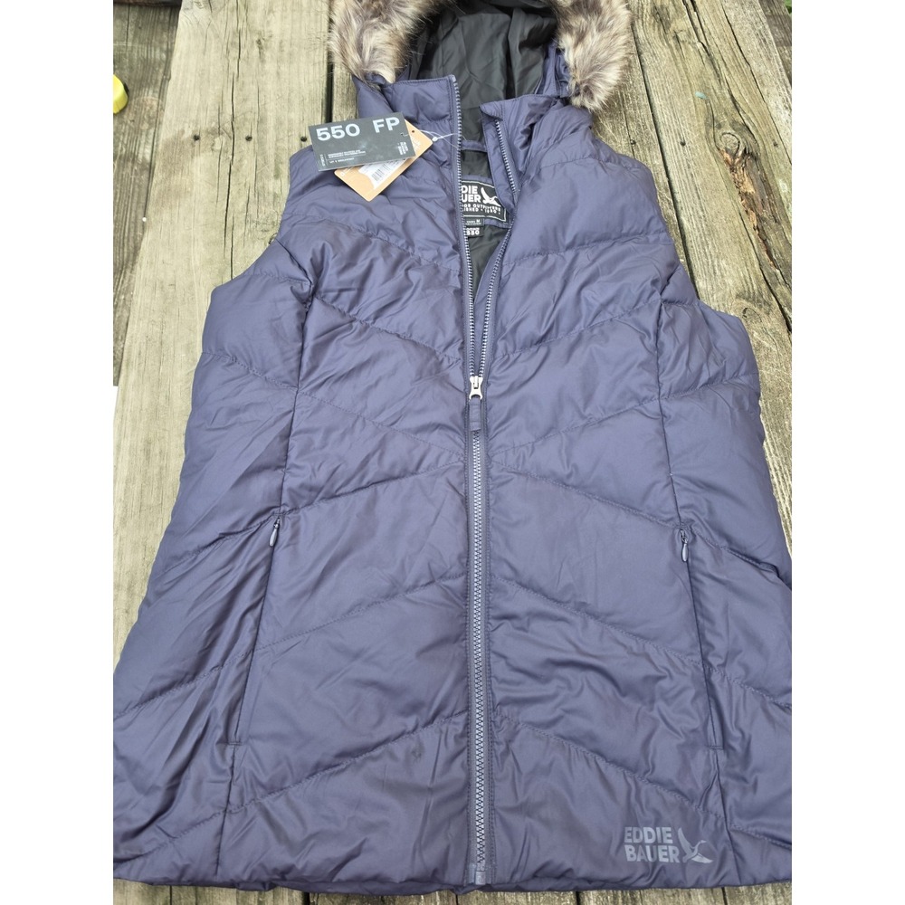 NWT Eddie Bauer Women's M Down 550 Puffer Vest Faux Fur Hood Purple Winter